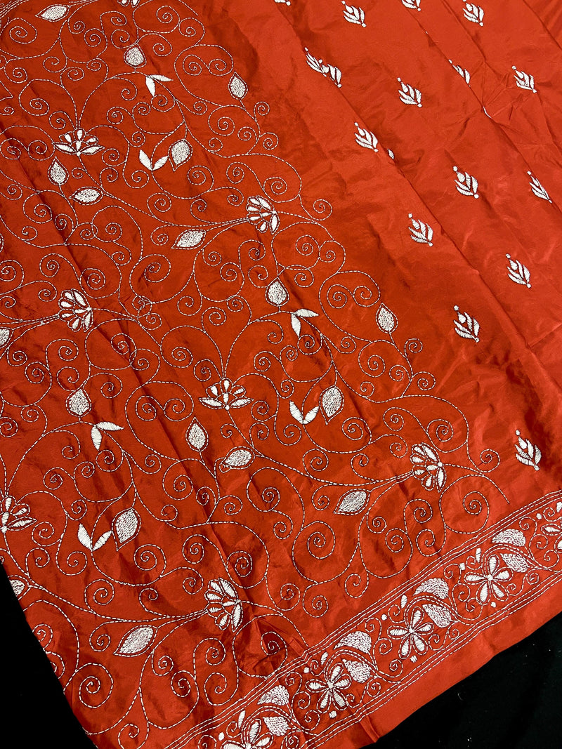 Orange Color Bangalori Silk Saree with Hand Kantha Stitch | Handwoven Kantha Stitch Sarees | Kantha Saress | Bengal Sarees