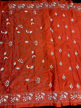 Orange Color Bangalori Silk Saree with Hand Kantha Stitch | Handwoven Kantha Stitch Sarees | Kantha Saress | Bengal Sarees