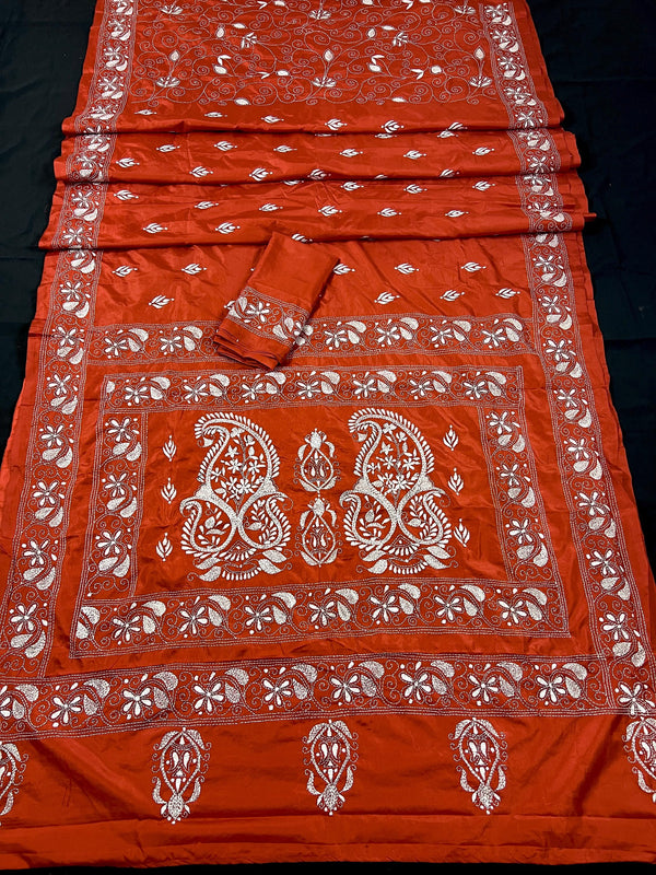 Orange Color Bangalori Silk Saree with Hand Kantha Stitch | Handwoven Kantha Stitch Sarees | Kantha Saress | Bengal Sarees