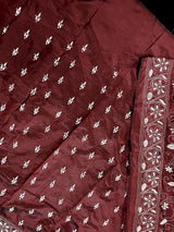 Maroon Color Kantha Stitch Saree  - Bangalori Silk Saree  - Handwoven Kantha Stitch Saree - Maroon and White Color Kantha Stitch Silk Saree