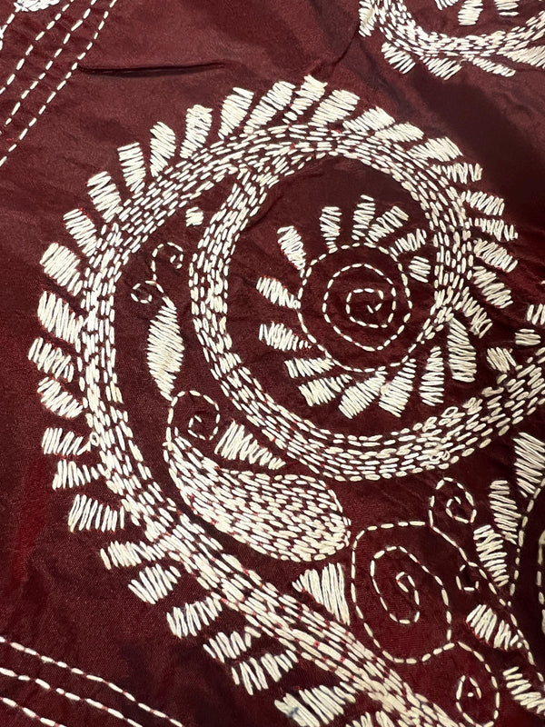 Maroon Color Kantha Stitch Saree  - Bangalori Silk Saree  - Handwoven Kantha Stitch Saree - Maroon and White Color Kantha Stitch Silk Saree