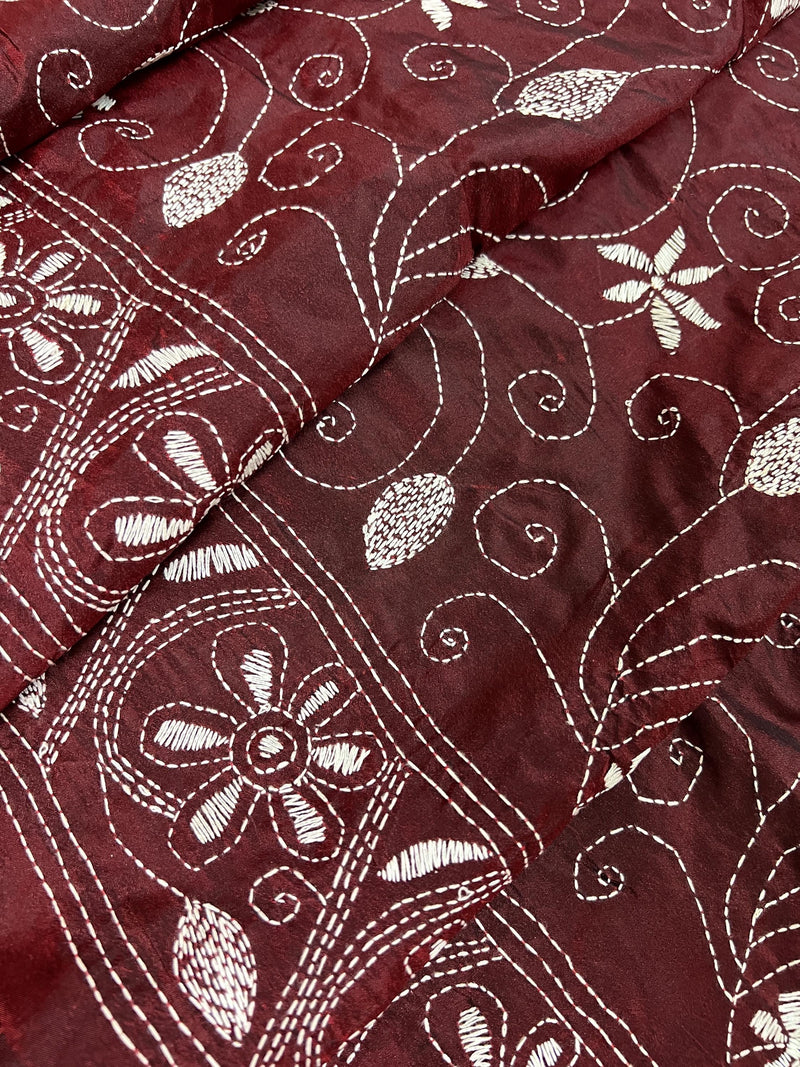 Maroon Color Kantha Stitch Saree  - Bangalori Silk Saree  - Handwoven Kantha Stitch Saree - Maroon and White Color Kantha Stitch Silk Saree