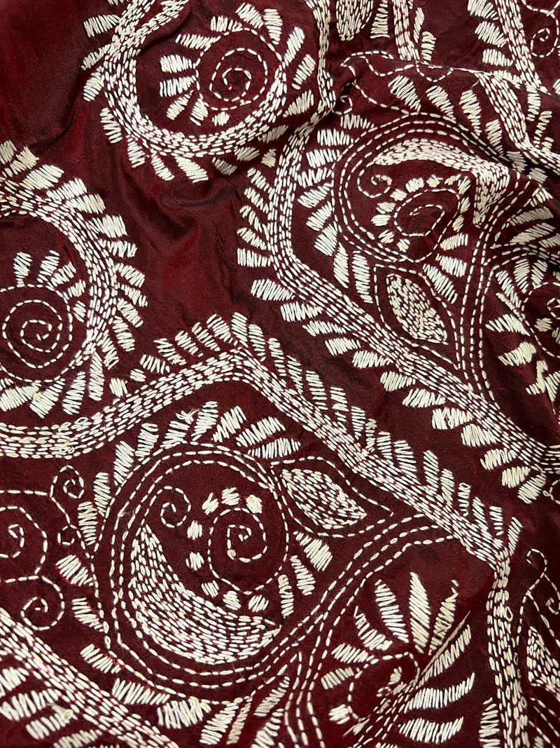 Maroon Color Kantha Stitch Saree  - Bangalori Silk Saree  - Handwoven Kantha Stitch Saree - Maroon and White Color Kantha Stitch Silk Saree