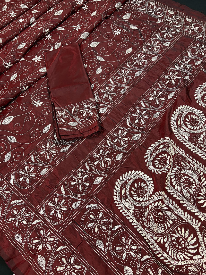 Maroon Color Kantha Stitch Saree  - Bangalori Silk Saree  - Handwoven Kantha Stitch Saree - Maroon and White Color Kantha Stitch Silk Saree