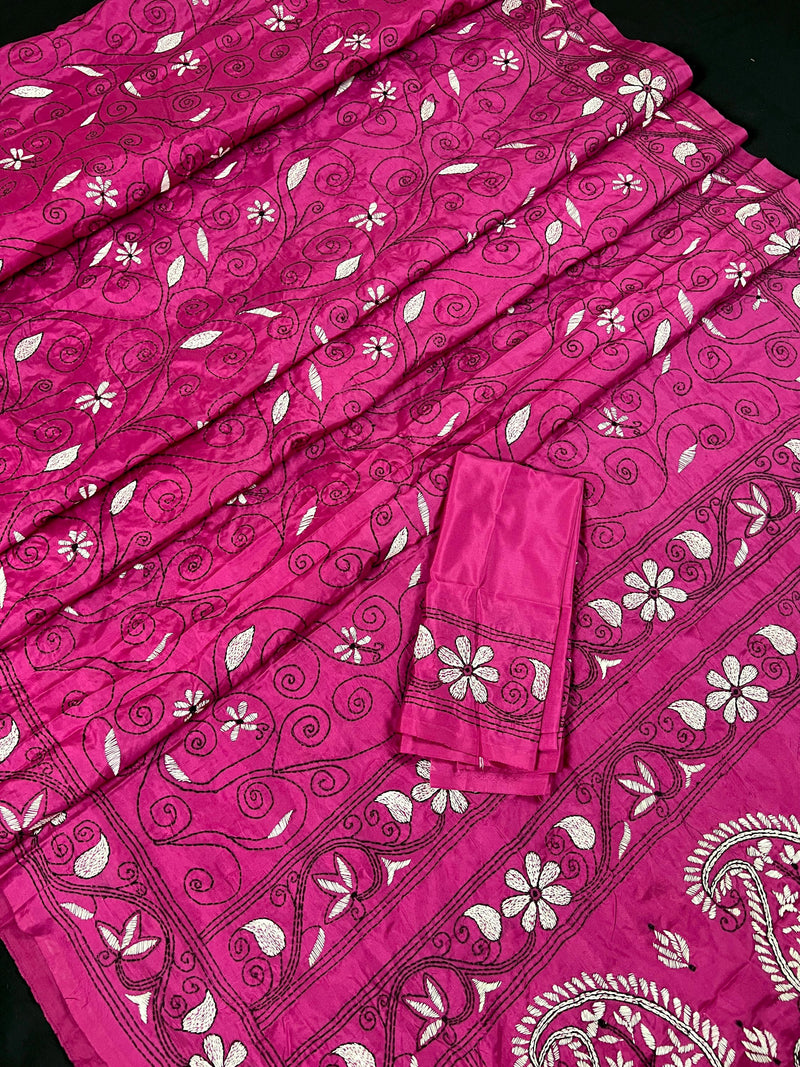 Magenta Pink color Bangalori Silk Saree with Handwoven Kantha Stitch -  Kantha Saress - Embroidered Sarees