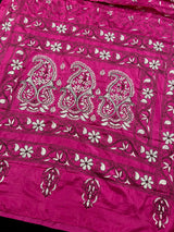 Magenta Pink color Bangalori Silk Saree with Handwoven Kantha Stitch -  Kantha Saress - Embroidered Sarees