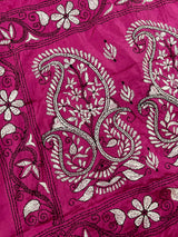 Magenta Pink color Bangalori Silk Saree with Handwoven Kantha Stitch -  Kantha Saress - Embroidered Sarees