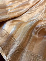 Statement Handmade Champagne Color Striped Banarasi Satin Tissue Silk Saree