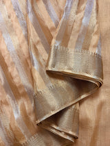 Statement Handmade Champagne Color Striped Banarasi Satin Tissue Silk Saree