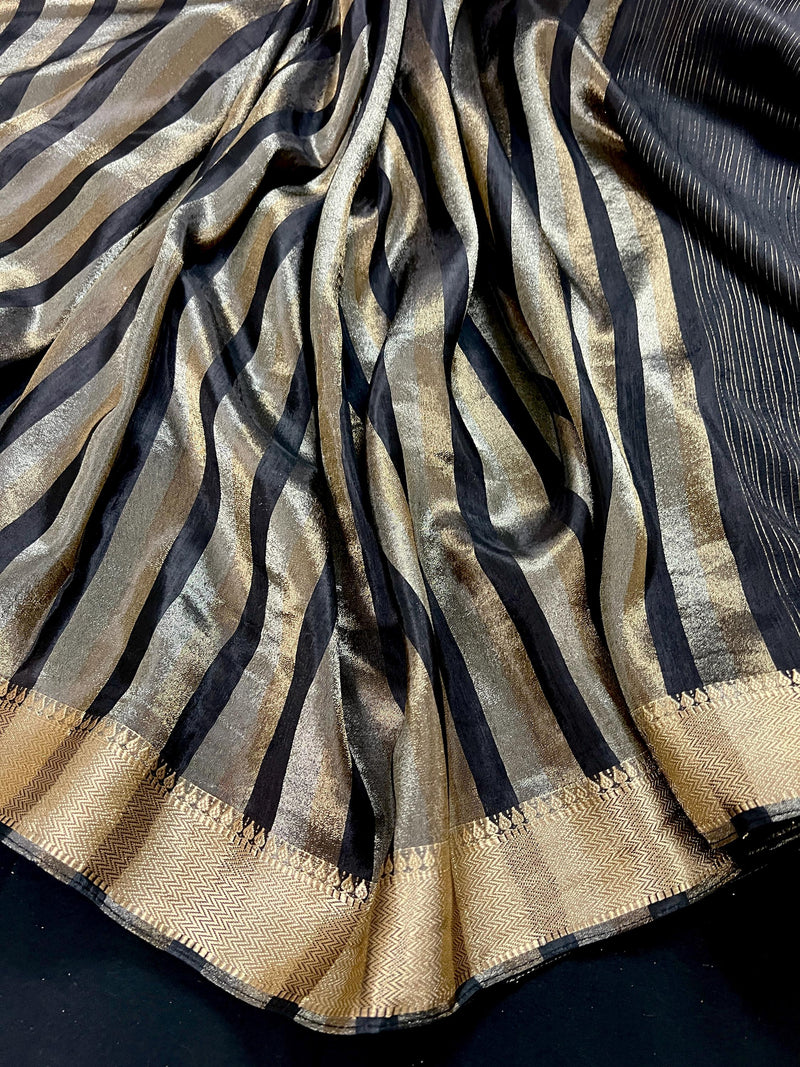 Statement Handmade Black Color Striped Banarasi Satin Tissue Silk Saree