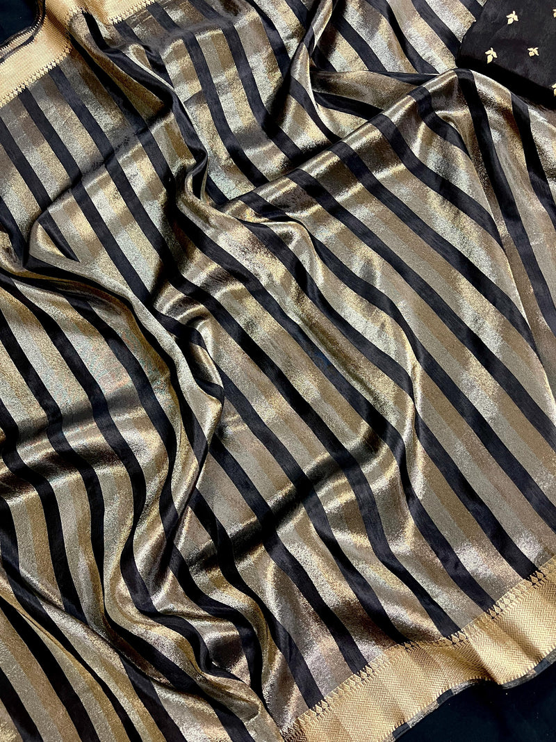 Statement Handmade Black Color Striped Banarasi Satin Tissue Silk Saree