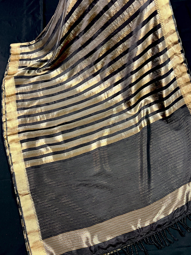 Statement Handmade Black Color Striped Banarasi Satin Tissue Silk Saree