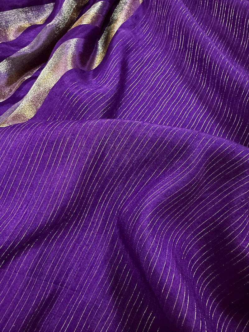 Statement Handmade Purple Color Striped Banarasi Satin Tissue Silk Saree