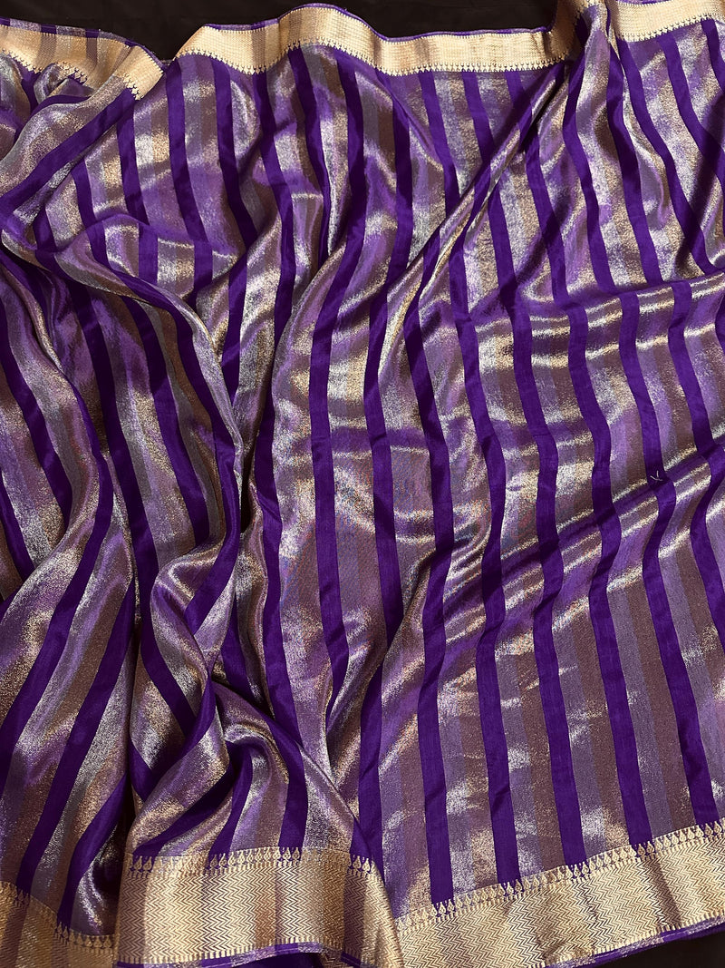 Statement Handmade Purple Color Striped Banarasi Satin Tissue Silk Saree