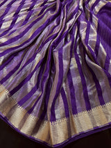 Statement Handmade Purple Color Striped Banarasi Satin Tissue Silk Saree