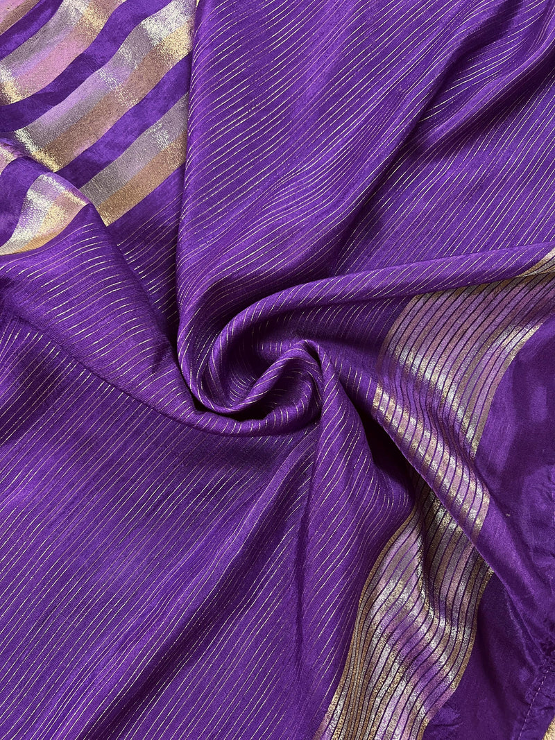 Statement Handmade Purple Color Striped Banarasi Satin Tissue Silk Saree