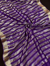 Statement Handmade Purple Color Striped Banarasi Satin Tissue Silk Saree