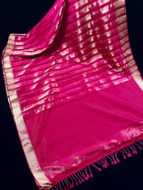 Statement Handmade Hot Pink Color Striped Banarasi Satin Tissue Silk Saree