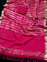 Statement Handmade Hot Pink Color Striped Banarasi Satin Tissue Silk Saree