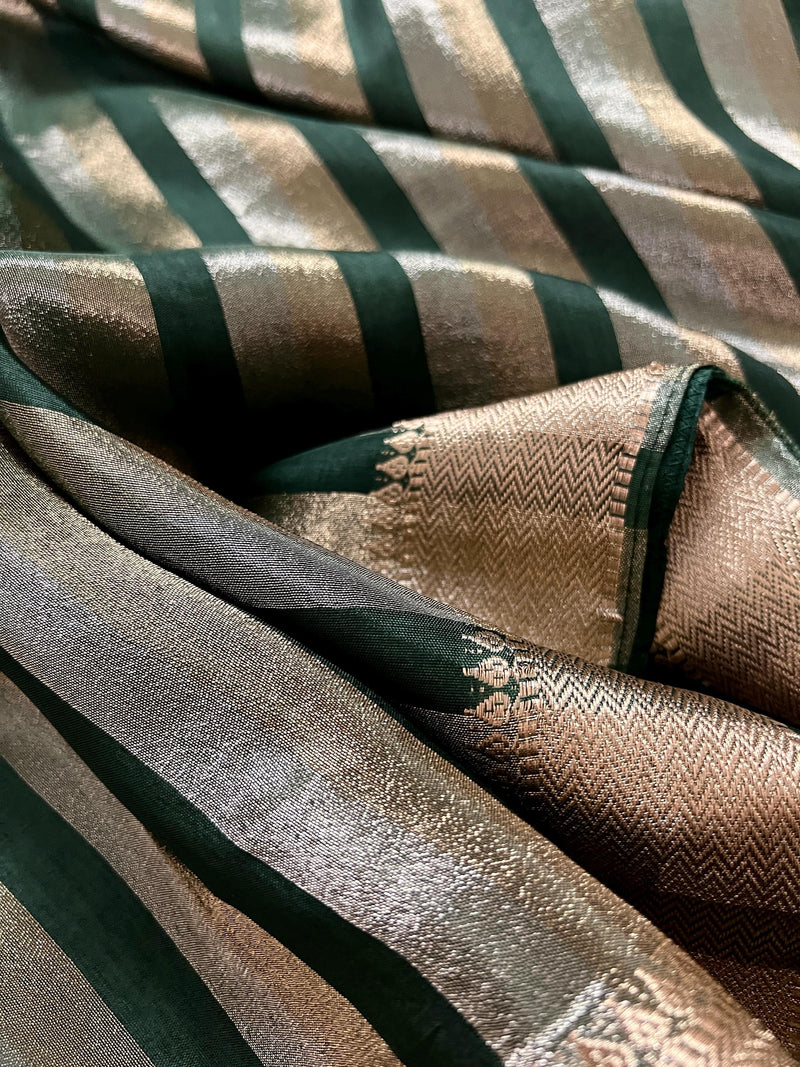 Statement Handmade Bottle Green Color Striped Banarasi Satin Tissue Silk Saree