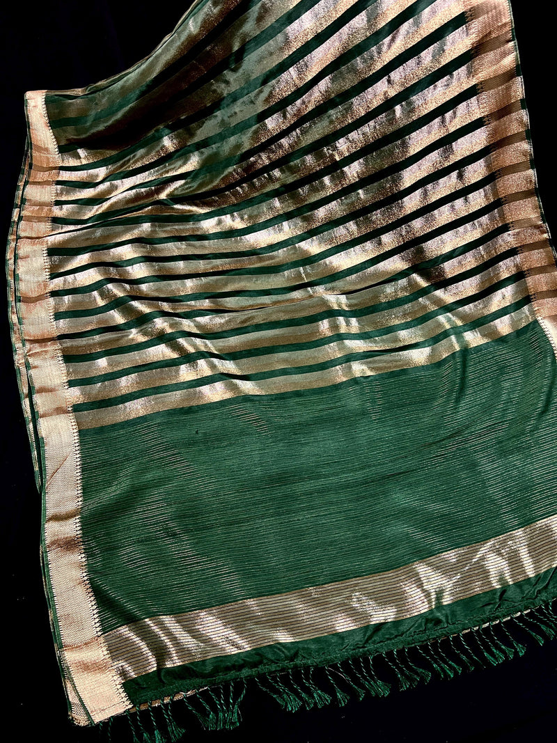 Statement Handmade Bottle Green Color Striped Banarasi Satin Tissue Silk Saree