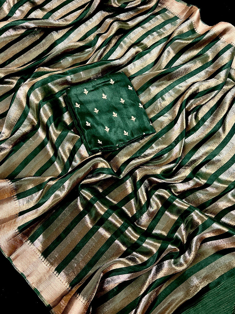 Statement Handmade Bottle Green Color Striped Banarasi Satin Tissue Silk Saree