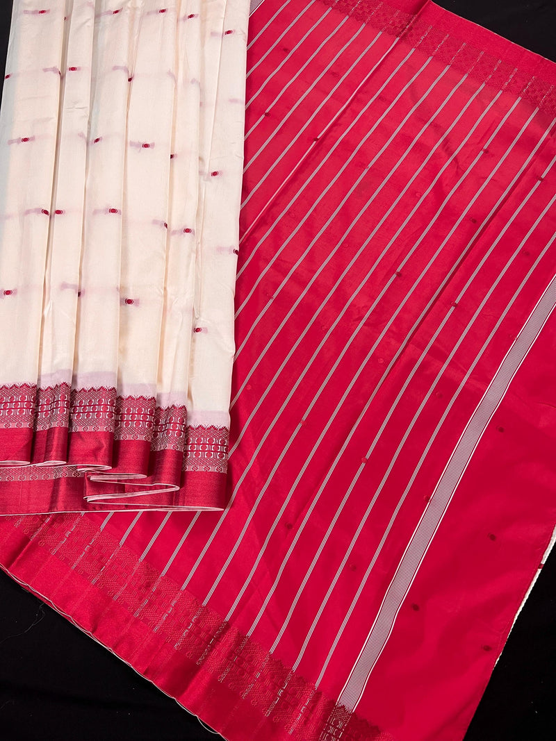 Off White and Red Color Begumpuri Handwoven Soft Silk Saree