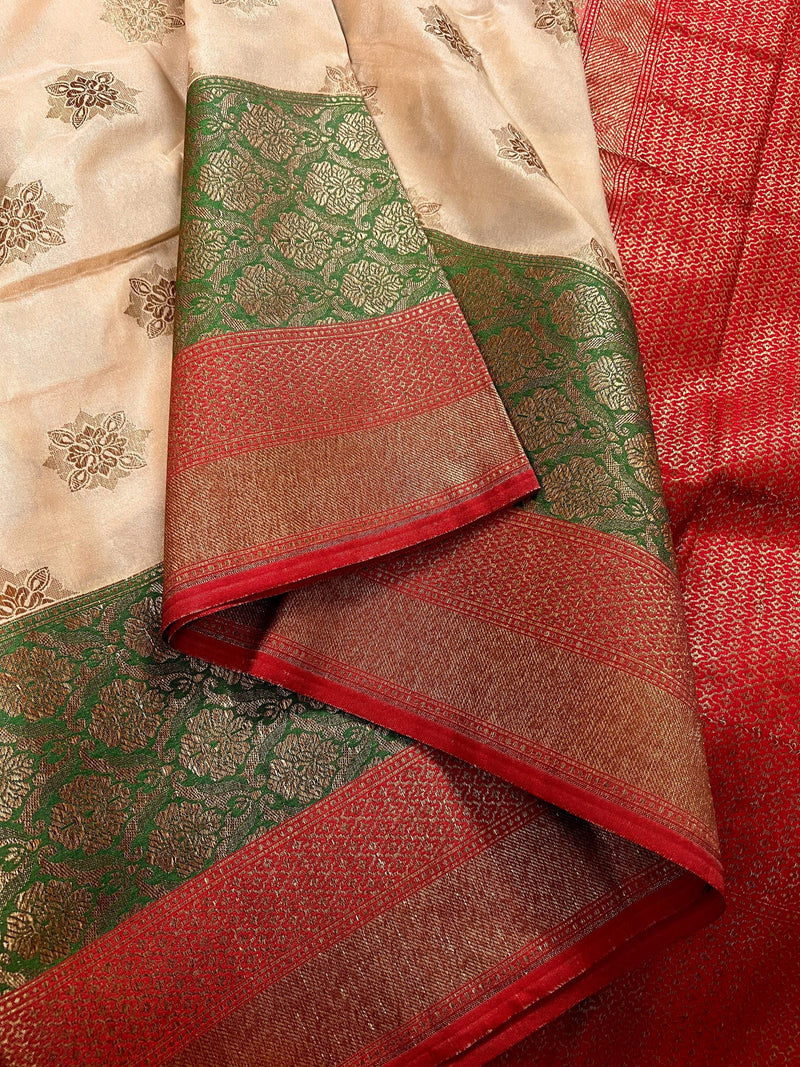 Beige with Red combination Traditional Banarasi Silk Saree with Copper Zari Weave