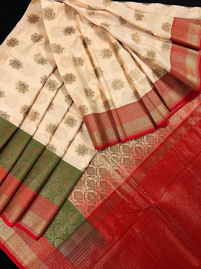 Beige with Red combination Traditional Banarasi Silk Saree with Copper Zari Weave