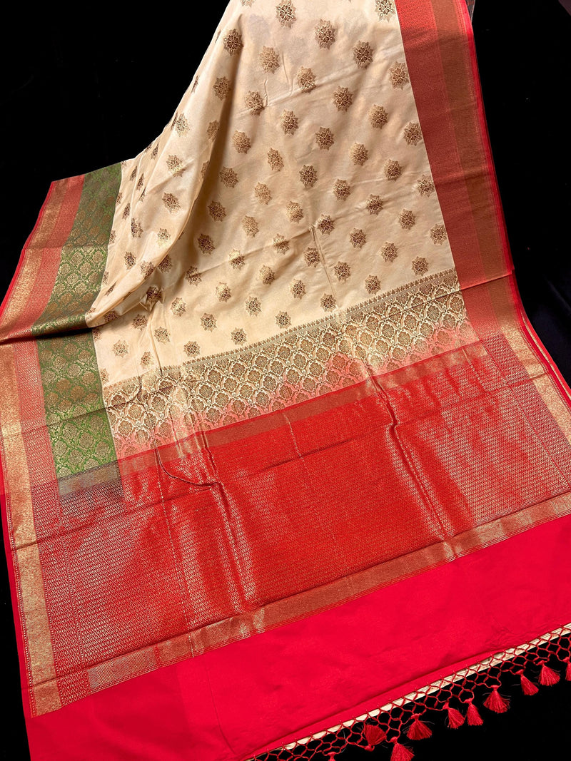 Beige with Red combination Traditional Banarasi Silk Saree with Copper Zari Weave