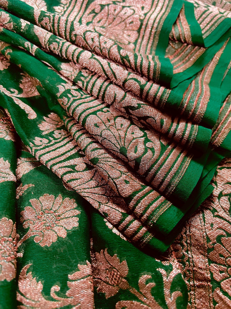 Bottle Green Color Pure Khaddi Georgette Banarasi Silk Saree with Antique Copper Zari Weave | Green Color Saree | SILK MARK CERTIFIED