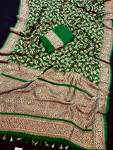 Bottle Green Color Pure Khaddi Georgette Banarasi Silk Saree with Antique Copper Zari Weave | Green Color Saree | SILK MARK CERTIFIED