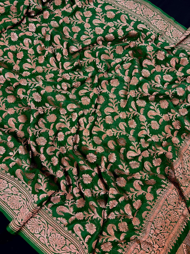 Bottle Green Color Pure Khaddi Georgette Banarasi Silk Saree with Antique Copper Zari Weave | Green Color Saree | SILK MARK CERTIFIED