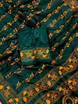 Bottle Green Bangalori Silk Saree with Yellow Thread Hand Kantha Stitch | Handwoven Kantha Stitch Sarees | Kantha Saress | Bengal Sarees