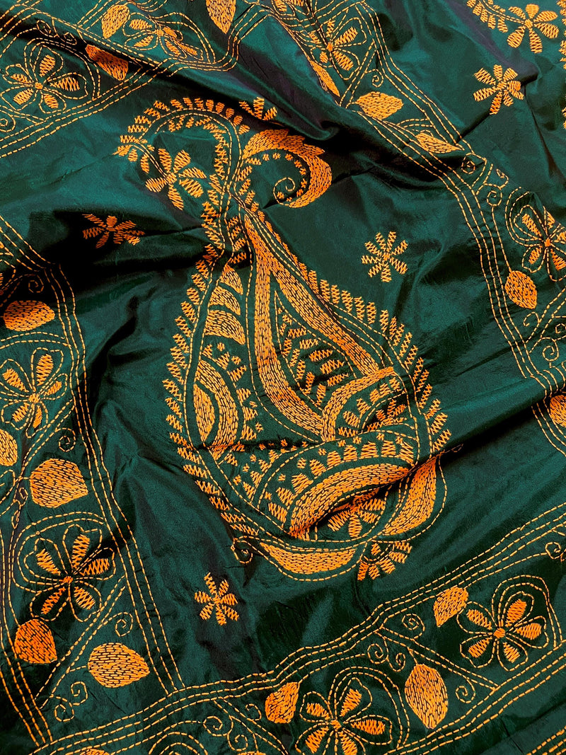 Bottle Green Bangalori Silk Saree with Yellow Thread Hand Kantha Stitch | Handwoven Kantha Stitch Sarees | Kantha Saress | Bengal Sarees