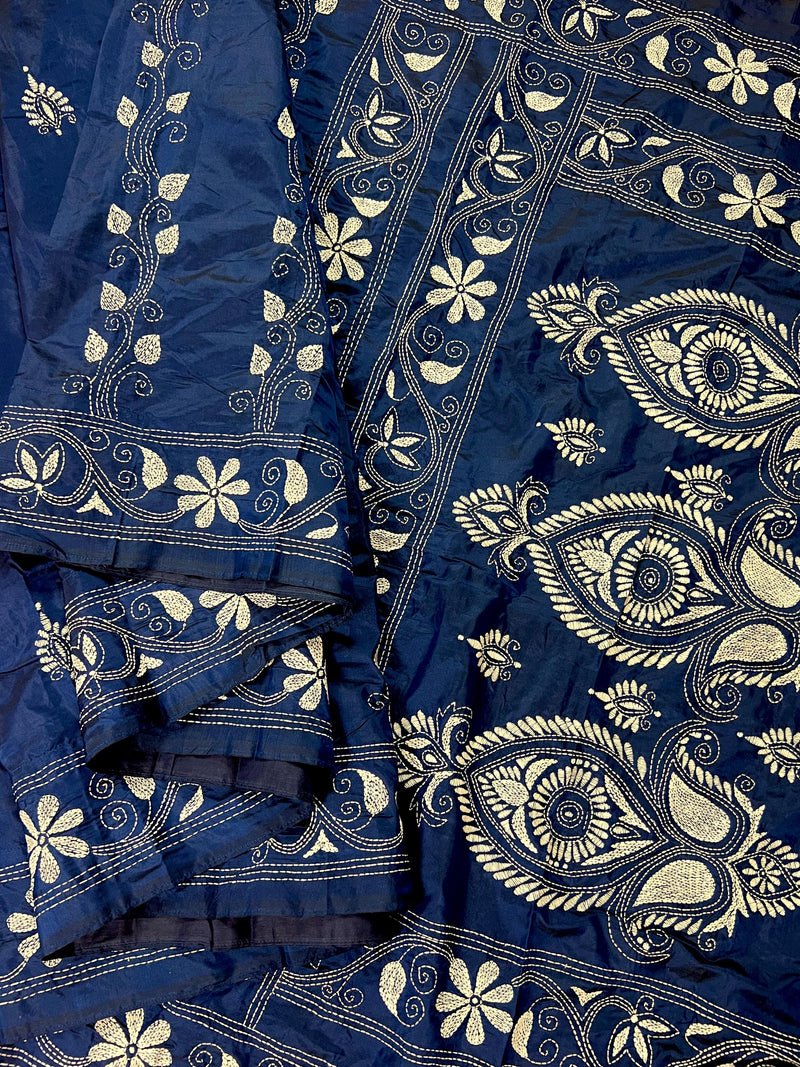 Blue Color Bangalori Silk Saree with Hand Kantha Stitch | Handwoven Kantha Stitch Sarees | Kantha Saress | Silk Sarees | Bengal Sarees