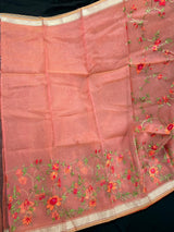 Coral Banarasi Kora Saree with Floral Embroidery Work with Zari Borders and Pallu