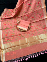 Coral Banarasi Kora Saree with Floral Embroidery Work with Zari Borders and Pallu