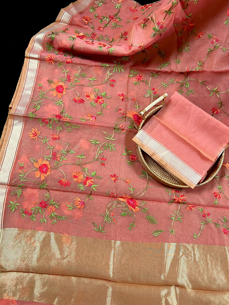 Coral Banarasi Kora Saree with Floral Embroidery Work with Zari Borders and Pallu