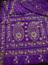 Purple Color Kantha Stitch Saree - Bangalori Silk Saree  - Handwoven Kantha Stitch Sarees - Kantha Stitch Silk Saree