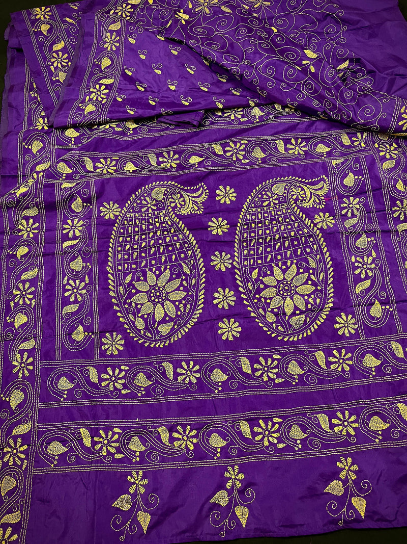 Purple Color Kantha Stitch Saree - Bangalori Silk Saree  - Handwoven Kantha Stitch Sarees - Kantha Stitch Silk Saree