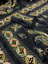 Black color Bangalori Silk Saree with Multi Color HandKantha Stitch Work - Handwoven Kantha Stitch Sarees - Kantha Saree