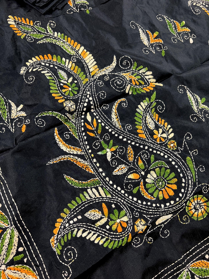 Black color Bangalori Silk Saree with Multi Color HandKantha Stitch Work - Handwoven Kantha Stitch Sarees - Kantha Saree