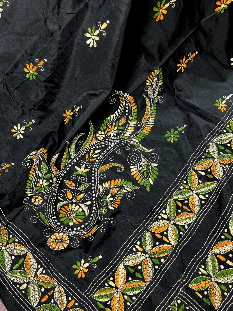 Black color Bangalori Silk Saree with Multi Color HandKantha Stitch Work - Handwoven Kantha Stitch Sarees - Kantha Saree