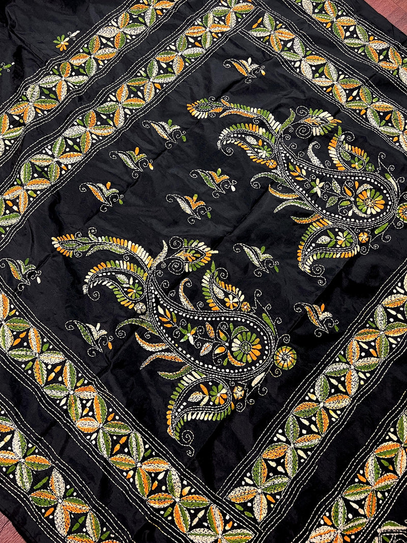 Black color Bangalori Silk Saree with Multi Color HandKantha Stitch Work - Handwoven Kantha Stitch Sarees - Kantha Saree