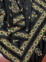 Black color Bangalori Silk Saree with Multi Color HandKantha Stitch Work - Handwoven Kantha Stitch Sarees - Kantha Saree