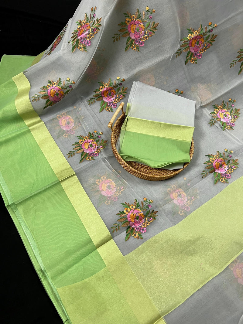 Handmade Grey Color Banarasi Kora Organza Saree with Lime Green Raw Silk Patta on the Border - Flower Bunch Embroidery