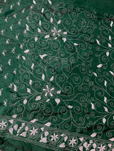 Bottle Green Color Bangalori Silk Saree with White Thread Hand Kantha Stitch - Handwoven Kantha Stitch Sarees - Kantha Sarees