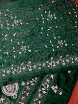 Bottle Green Color Bangalori Silk Saree with White Thread Hand Kantha Stitch - Handwoven Kantha Stitch Sarees - Kantha Sarees