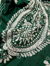 Bottle Green Color Bangalori Silk Saree with White Thread Hand Kantha Stitch - Handwoven Kantha Stitch Sarees - Kantha Sarees